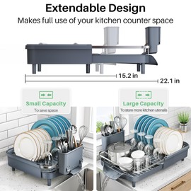 Dish Drying Rack - Expandable Dish Rack for Kitchen Counter, Stainless Steel Dish Drainer with Drainboard Set and Utensil Holder, Sink Drying Dish Strainer Rack (Gray)