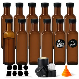 WERTIOO Hot Sauce Bottles 8.5oz – 12-Pack Light-Blocking Bottles with Caps – Preserve Color and Freshness of Oils Vinegars Sauces – for Kitchen Storage Gifts and Small-Batch Use, Amber