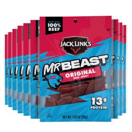 Jack Link’s x MrBeast Original Beef Jerky – 13g Protein per Serving, Made with 100% Real Beef, Pantry-Ready, Kids Snacks, Great Stocking Stuffers and Gifts, 10 Count of 1.25 oz Bags