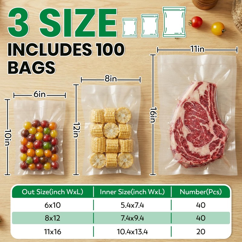 FUNFERY 100 PCS Precut Vacuum Sealer Bags for Food 11"x16"/8"x12"/6"x10"