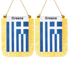 CANTENDO 2 Pack Greece Window Hanging Flag,Mini Greek Car Flag with Pole Tassel Suction Cup Rearview Mirror Decoration(3x5 Inch)