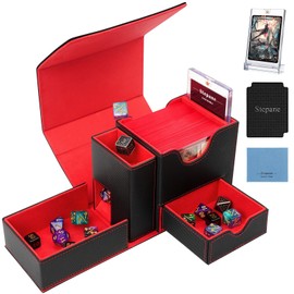 MTG Deck Box, Dice Tray&Tower 2 in 1 MTG Commander Deck Box Fits 120+ Single Sleeved Cards, Leather Magnetic Closure Card Deck Box with Magnetic Card Holders&Base for TCG, CCG, Black/Red