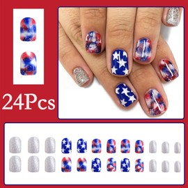 24Pcs 4th of July Silver Glitter Press on Nails Short Square Independence Day Fake Nails American Flag Glue on Nail Red and Blue Ink Patriotic Design Cute Acrylic Nails Stick on Nails for Women