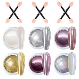 GZMAYUEN 6 Colors Chrome Nail Powder, Mirror Effec Metallic Chrome Powder for Gel Nails, Sliver, Gold, White Pearl, Laser/Silver Nail Decoration Glitter Dust for Nail Art