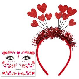 Heart Headband Glitter Headband, Heart Face Sticker Face Tattoos, Red Hearts Headband Children Girls Hair Band Hair Accessories for Valentine's Day Wedding Birthday Festival Party