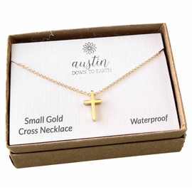 Gold Cross Necklaces for Women, 14k Gold Filled Dainty Cross Necklace, Religious Jewelry, Gift for Communion, Baptism, Layered Necklace, Austin Down to Earth (Gold, 16+2)