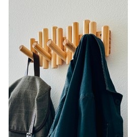 Flynt Ave. Modern Wooden Coat Rack, 5-Hook, Decorative Wall Hooks for Bags Purse, Heavy Duty, Sturdy, Natural Oak, Pull Down Hooks, Easy to Install Holds up to 7lbs for Each Hook, Wall Mounted Hooks