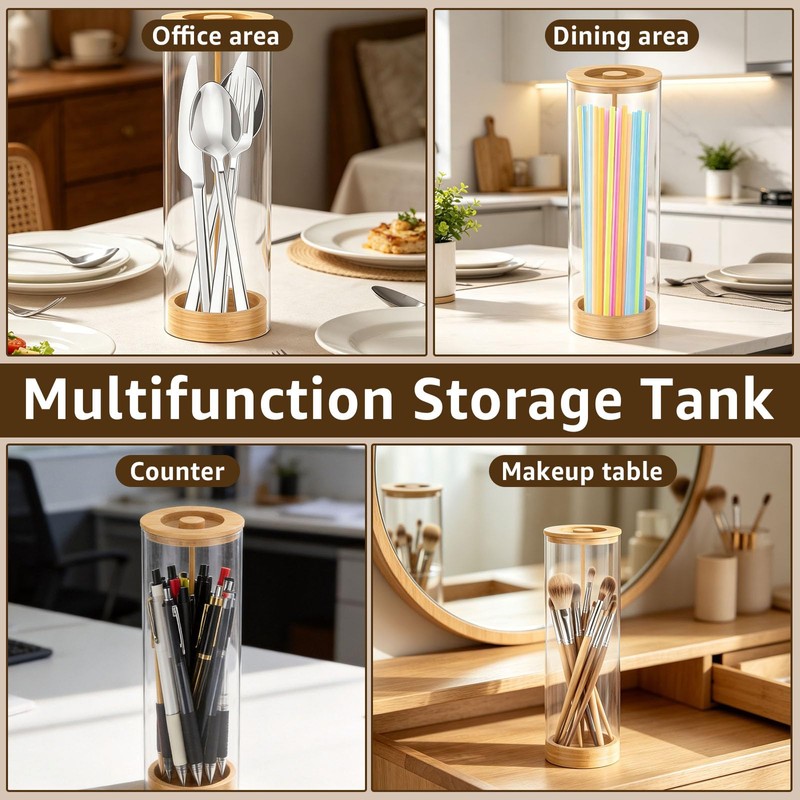 Acrylic Straw Dispenser with Bamboo Lid 25cm Clear Straw Holder