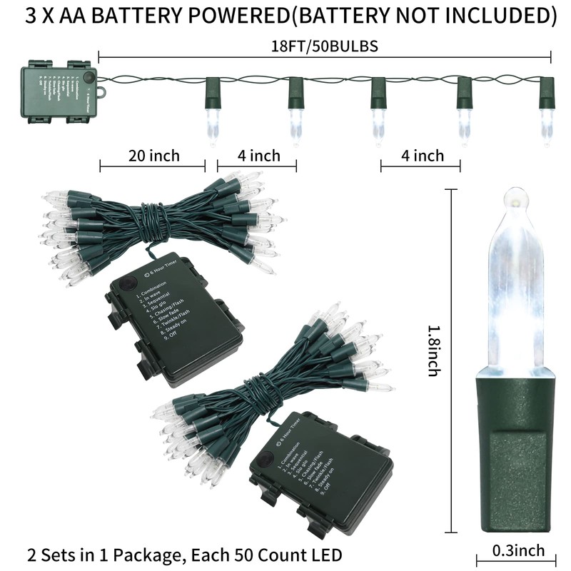 TWINGLEHOME 100LED Mini Lights,Green Wire,Waterproof Battery Case,Multi Functions,Timer,Cool White（2 Sets