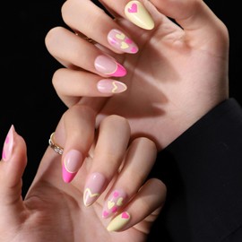 Press on Nails Short Almond Fake Nails with Heart Lines Design False Nails Rose Red French Tip Nails Press ons Yellow Full Cover Acrylic Nails Cute Glue on Nails for Girls 24Pcs