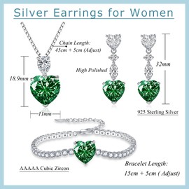 Glintara Silver Women's Jewellery Sets, 925 Sterling Silver Heart Jewelry Set with Green Zirconia, Silver Love Pendant with 45cm Necklace & Silver Drop Earrings & Bracelet Set CZ Jewellery for Girls