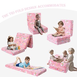 MeMoreCool Glow Pink Unicorn Foldable Floor Mattress for Kids, Trifold Nap Mat for Toddlers, Portable Daycare Sleeping Futon or Floor Bed, 57x22 Inch