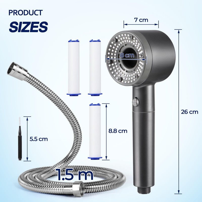 Blendura Water-Saving Shower Head with Hose 1.5 m, Anti-Limescale Function