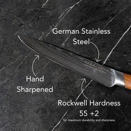 Swiss Diamond Kitchen Utility Knife, 5 Inch Full Tang German Steel Damascus Chef Knife with Carbonized Ash Wood Handle, 55+2 Rockwell Hardness, Chopping Knife