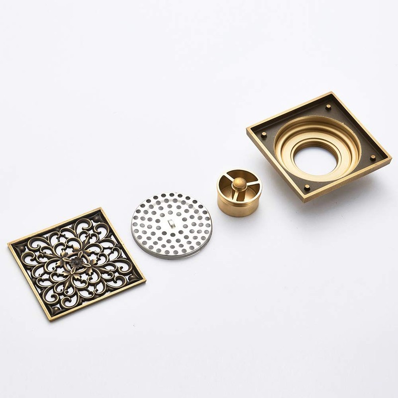 KUNGYO Vintage Bathroom Floor Drain Flower Carved with Brass -