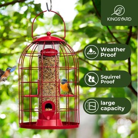 Kingsyard Caged Bird Feeder for Outdoor Hanging - Upgraded Metal Bird Feeder for Small Birds, Detachable Tube Feeder with 4 Feeding Ports & Perches, Easy to Clean & Refill. Red