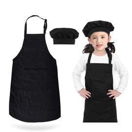 GNEGNI LIFE Children's Apron and Chef's Hat Set, Poly-Cotton Adjustable Children's Aprons with Pockets 4-12 Boys Girls Baking Apron for Cooking Baking Painting Party, black