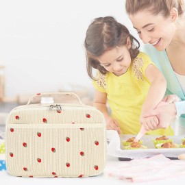 Bluboon Beige Corduroy Strawberry Lunch Box Insulated Cooler Bag for Kids Adults