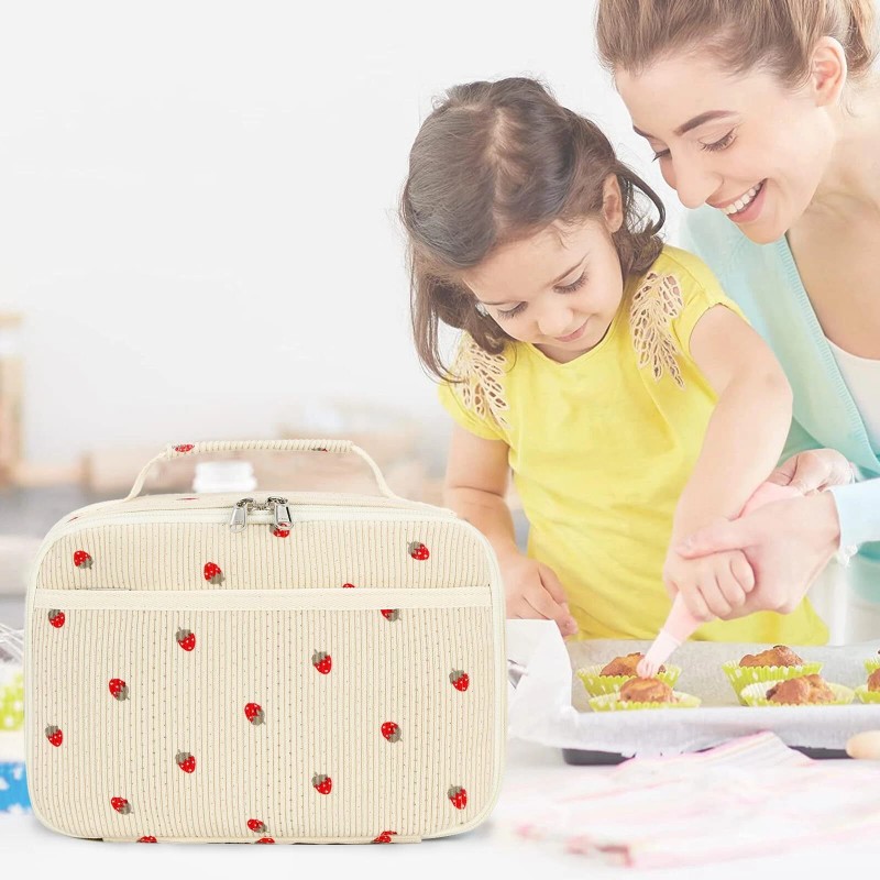 Bluboon Beige Corduroy Strawberry Lunch Box Insulated Cooler Bag for
