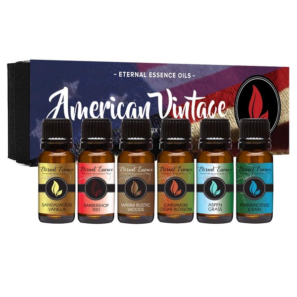 American Vintage - Gift Set of 6 Premium Fragrance Oils - Sandalwood Vanilla, Frankincense & Rain, Cardamom Cedar Blossom, Aspen Grass, Warm Rustic Woods, Barbershop 1920 - Eternal Essence Oils