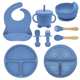 Munlinder Silicone Baby Feeding Set | Baby Led Weaning Supplies Includes Suction Bowls and Divided Plates, Adjustable Bib, Baby Utensils Spoons and Forks,Cup | Baby Feeding Essentials (Deep Blue)