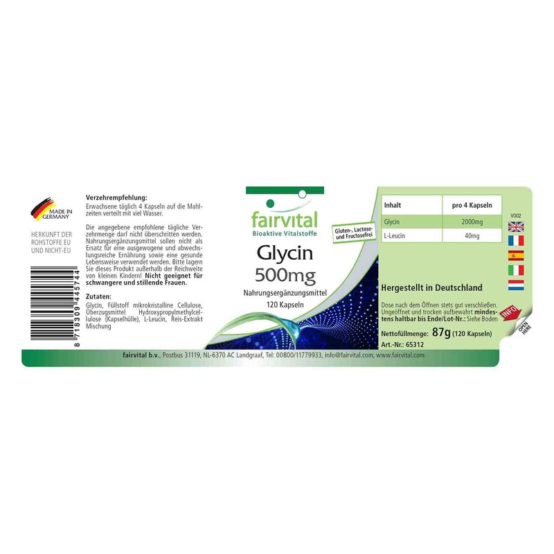 fairvital Glycine Capsules 500 mg, 120 Capsules, Swallow-Friendly, High Dose,