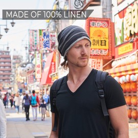 CHARM Slouchy Linen Beanie Hat - Mens Lightweight Knit Hat Womens Baggy Summer Slouch Black & Beige