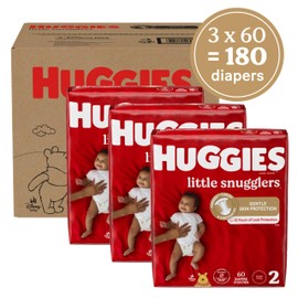 Huggies Size 2 Diapers, Little Snugglers Baby Diapers, Size 2 (12-18 lbs), 180 Ct (3 packs of 60), Packaging May Vary
