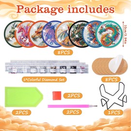 FOWSEEK 8 Pcs Dragon Diamond Painting Coasters, 3D DIY Dragon Diamond Painting Kits with Holder for Drinks, Diamond Art Coasters for Beginners Adults Art Craft Supplies