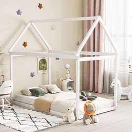 KOMFOTT Twin House Bed Frame for Kids, Solid Wood Kids Platform Floor Bed with Roof & Multiple Slats, Toddler Floor Tent Bed Frame for Girls Boys, No Box Spring Needed (White)