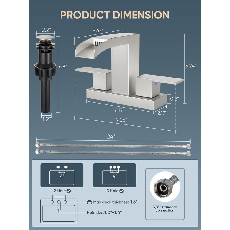 Cobbe Waterfall Bathroom Faucets 3 Hole, Brushed Nickel Bathroom Sink