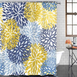 TOMPOP Shower Curtain Green Spring Flower Blue Yellow and Navy Chrysanthemum Brown Waterproof Polyester Fabric Bathroom 72 x 72 Inches Set with Hooks