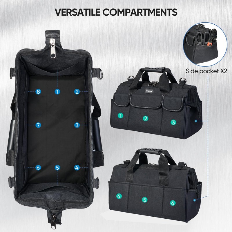 TICONN Tool Bag with Multi-Pockets Wide Mouth Tool Tote with