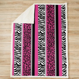 Bedluxy Pink Black White Zebra Sherpa Blanket Hot Pink Leopard Plush Blanket for Kids Boys Girls Zebra Stripes Fleece Throw Blanket Safari Animal Hair Fuzzy Blanket Single 50"x60"