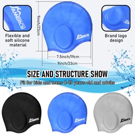 3 gorras de natación para niños con bolsillo en las orejas 3D, gorras de natación de silicona con 2 pares de tapones para los oídos, clip de nariz para mujeres, hombres, adolescentes (negro, azul,
