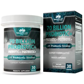 NaturaLife Labs Probiotics 70 Billion CFU – 15 Strains with Organic Prebiotic & Postbiotic – 3-in-1 Formula – 30 Vegan Capsules