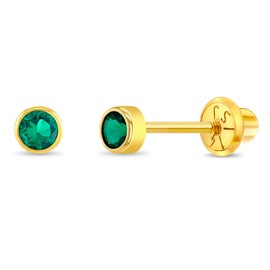 14k Yellow Gold Round 3mm Simulated Emerald Birthstone Bezel Stud Screw Backs for Baby Girls - Safety Back Locking for Children - Green CZ Earrings for Little Girls - May Birth Month Gift