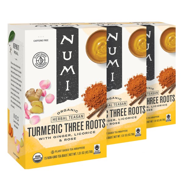 Numi Organic Three Roots Turmeric Tea, 12 Tea Bags (Pack of 3) With Ginger, Licorice, Rose, Caffeine Free, Packaging May Vary