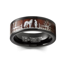 Metal Masters Black Tungsten Horse Equestrian Ring Wedding Band Wood Rancher Cowboy Brown 8MM