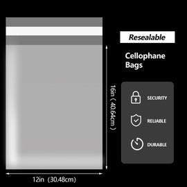SOMIOCO 100pcs Cellophane Bags 12"x16" Clear Plastic Bags Self Sealing,Thick Clear Cellophane T-shirt Packaging Bags with Clothing Size Stickers for Packaging Clothes, T-Shirts, Pants