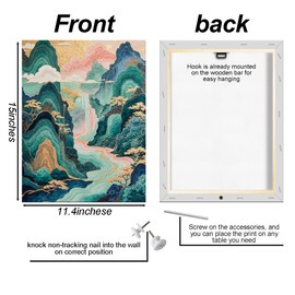 Waterfall Print Japanese Wall Art, Housewarming Gifts, Nature Landscape Framed Canvas Painting Room Decor, Vintage Aesthetic Painting for Living Room Entryway Office Bedroom Decoration 15x11.4 inch