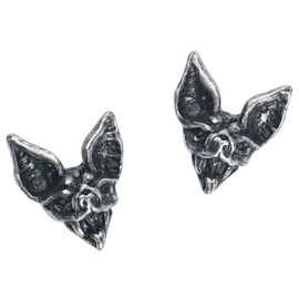 Alchemy Gothic Cauchemar Bat Head Stud Earrings Set Silver Pewter Gothic, Pewter