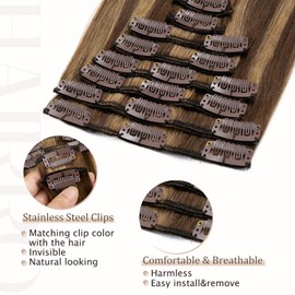 Hairro Clip in Hair Extensions Human Hair 100% Real Remy Human Hair Extension 8pcs Full Head Clip in Human Hair Extension 55g 12 inch Blonde Highlighted Medium Brown Silky Straight
