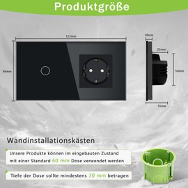TAWOIA Light Switch with Schuko Socket Combination, Flush-Mounted, 16 A Socket, 157 x 86 mm, Hardened Crystal Plate with LED Backlight, Single 1-Way Touch Switch, 1000 W, Black, Pack of 2