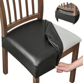 NILUOH Waterproof Seat Covers for Dining Room Chairs Set of 4, Pu Leather Chair Seat Slipcovers Dining Chair Cover Removable Washable Chair Protctor Cover, Rear Covers (PU-Black)