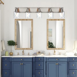 BONLICHT 5 Lights Sconces Wall Lighting Brushed Nickel with Hammered Glass Shade, Industrial Bathroom Light Fixtures Vanity Lights Porch Light Fixtures Classic Metal Wall Mount Lamp Over Mirror