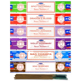 Satya Organic Incense Sticks- Gift Set of 6 Packs - Nag Champa, Spicy Patchouli, French Lavender, Violet Rosemary, Dragon Blood, Soul Searcher,15 Grams x 6 Pack