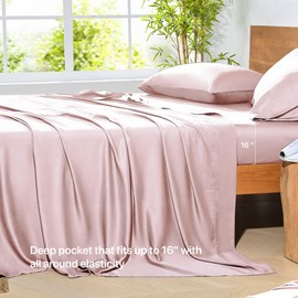 NATUREFIELD 4Pcs Cooling Sheets Set Full Size Rayon Derived from Bamboo Bed Sheets Soft Breathable 1 Flat Sheet, 1 Fitted Sheet, 2 Pillowcases Pink