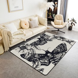 Death Moth Area Rug for Boys Girls Adult,Gothic Death Skull Carpet 3x5,Youth Bohemian Decorative Accent Rug for Bedroom Living Room Bedside,Young Man Skeleton Bones Indoor Floor Mat,Black