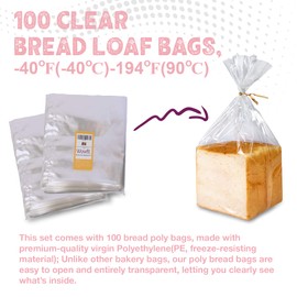 Wowfit Bread Poly Bags, Pack of 100 Entirely Transparent Clear Bakery Storage for Handmade Loaf Packaging, Includes 100 Gold Twist Ties